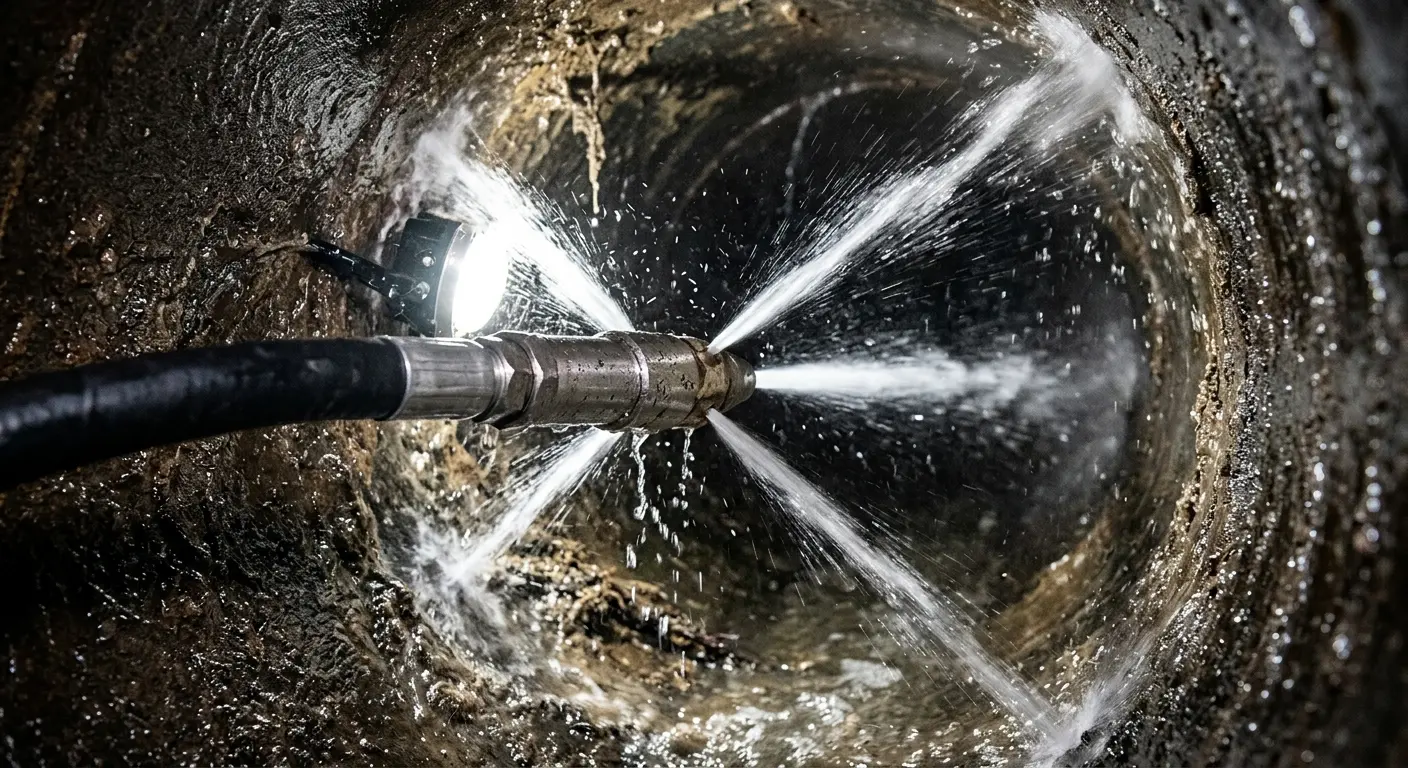High-pressure hydro jetting nozzle cleaning sewer pipe for Trenchless Sewer Repair in Lawrence