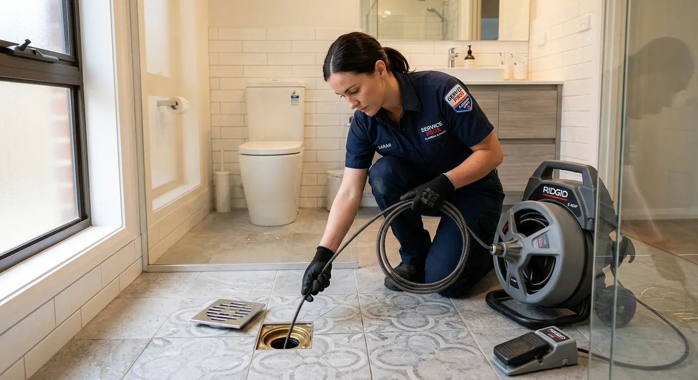 Technician clearing a bathroom floor drain for Drain Cleaning in Lawrence